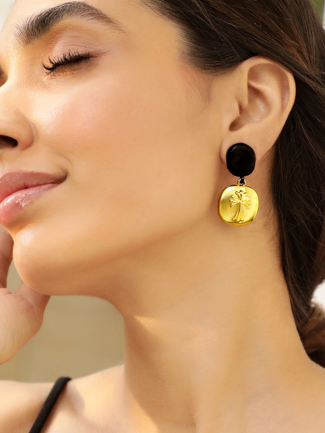 

Rubans 18K Gold-Plated Matte Black & Gold Statement Dangler Earrings