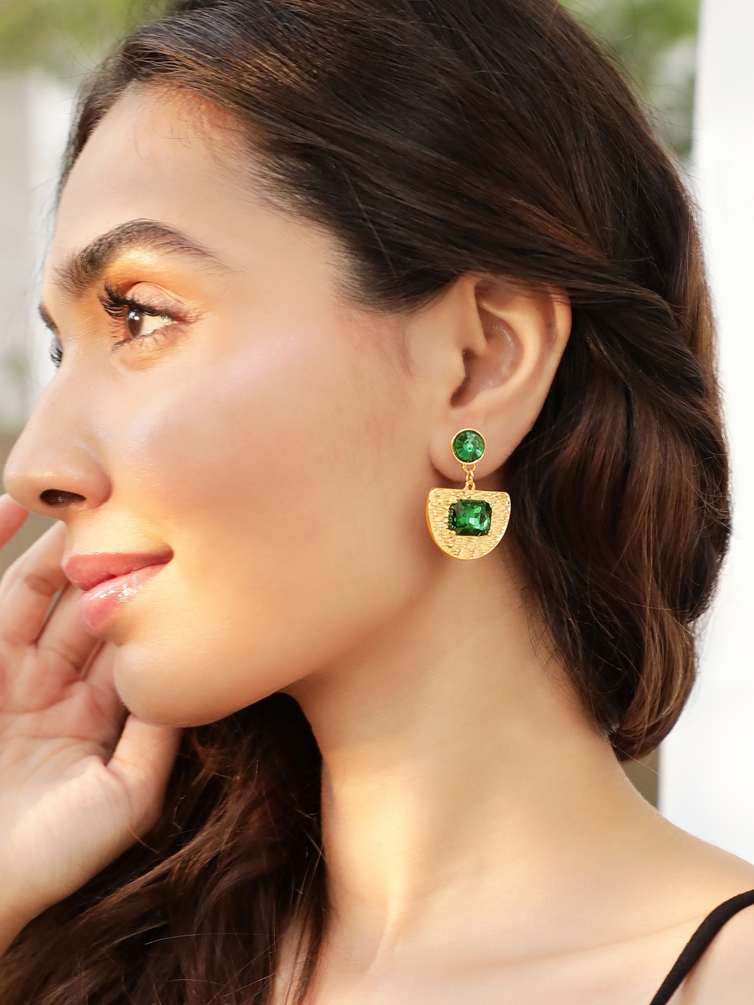 

Rubans 18K Gold-Plated Green Stone Studded Statement Earrings with Textured Finish