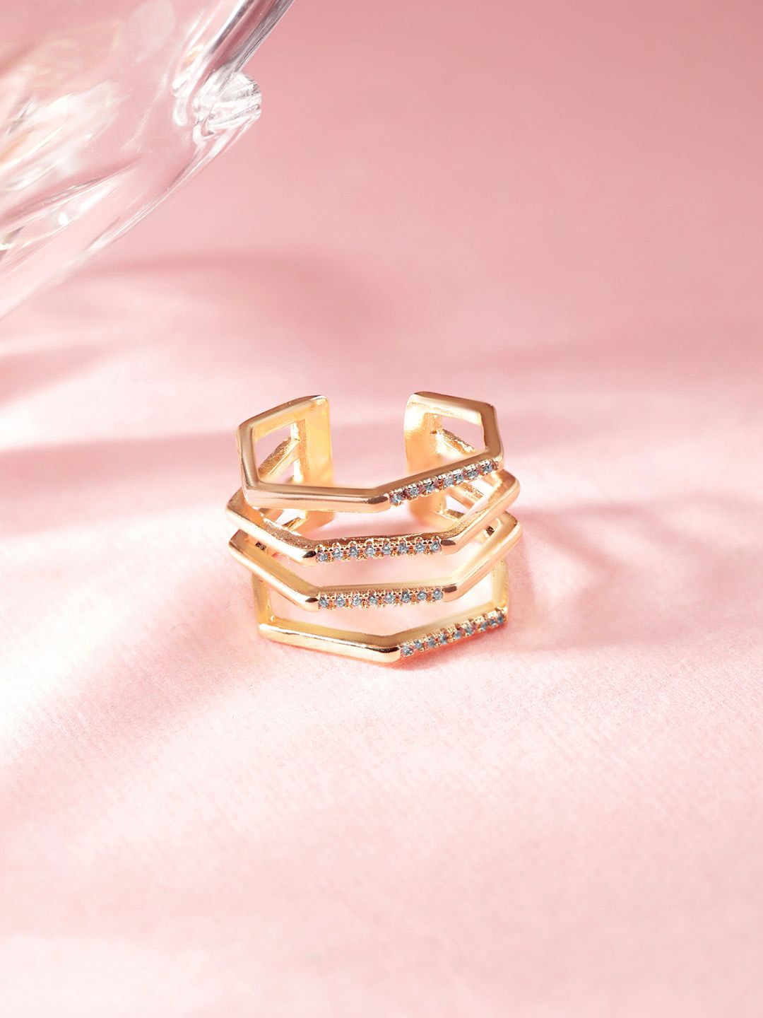 

Rubans 18K Gold Plated Zirconia Studded Modern Geometric Layered Statement Ring