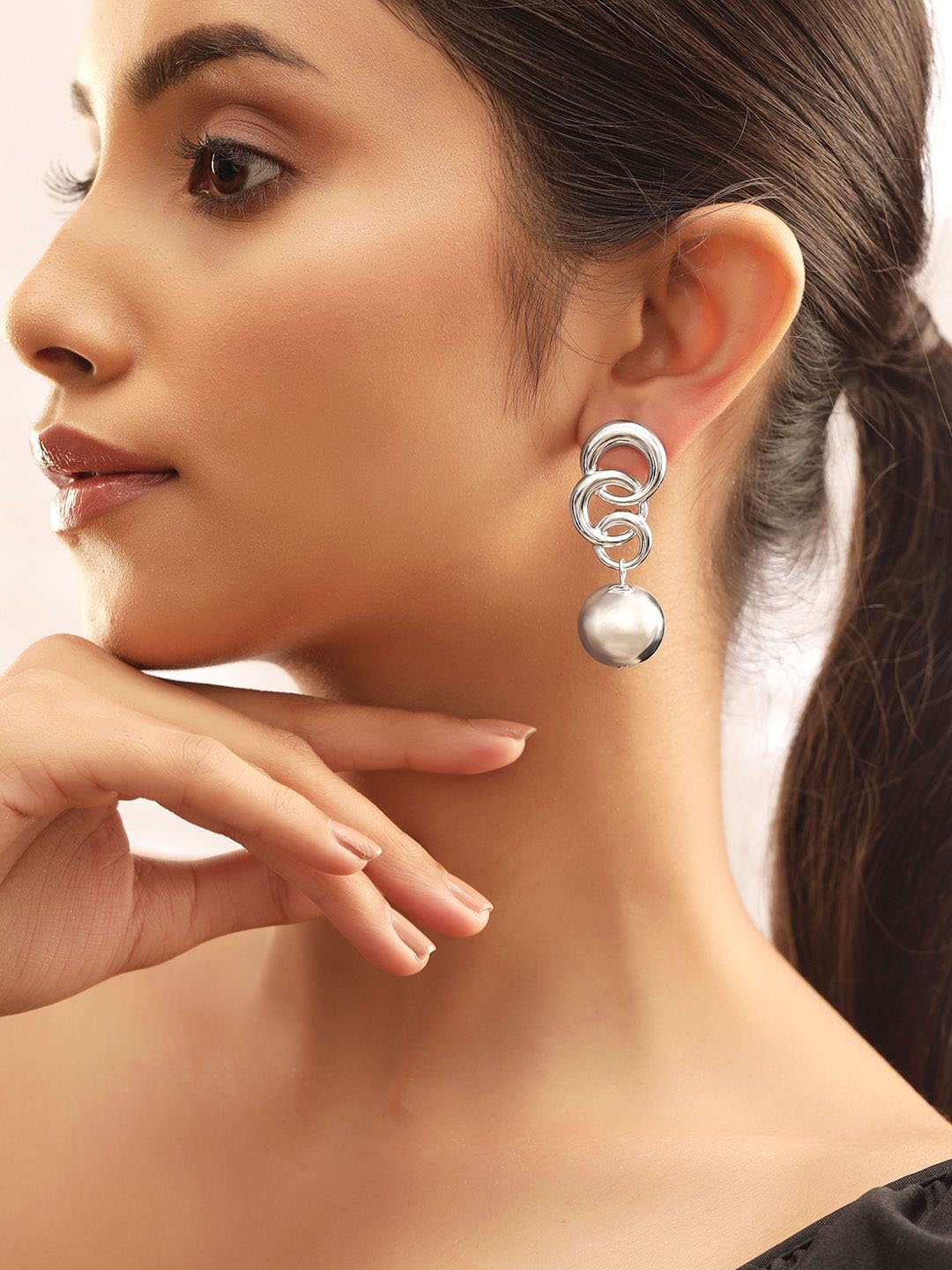 

Rubans Silver-Plated Classic Circular Beaded Drop Earrings