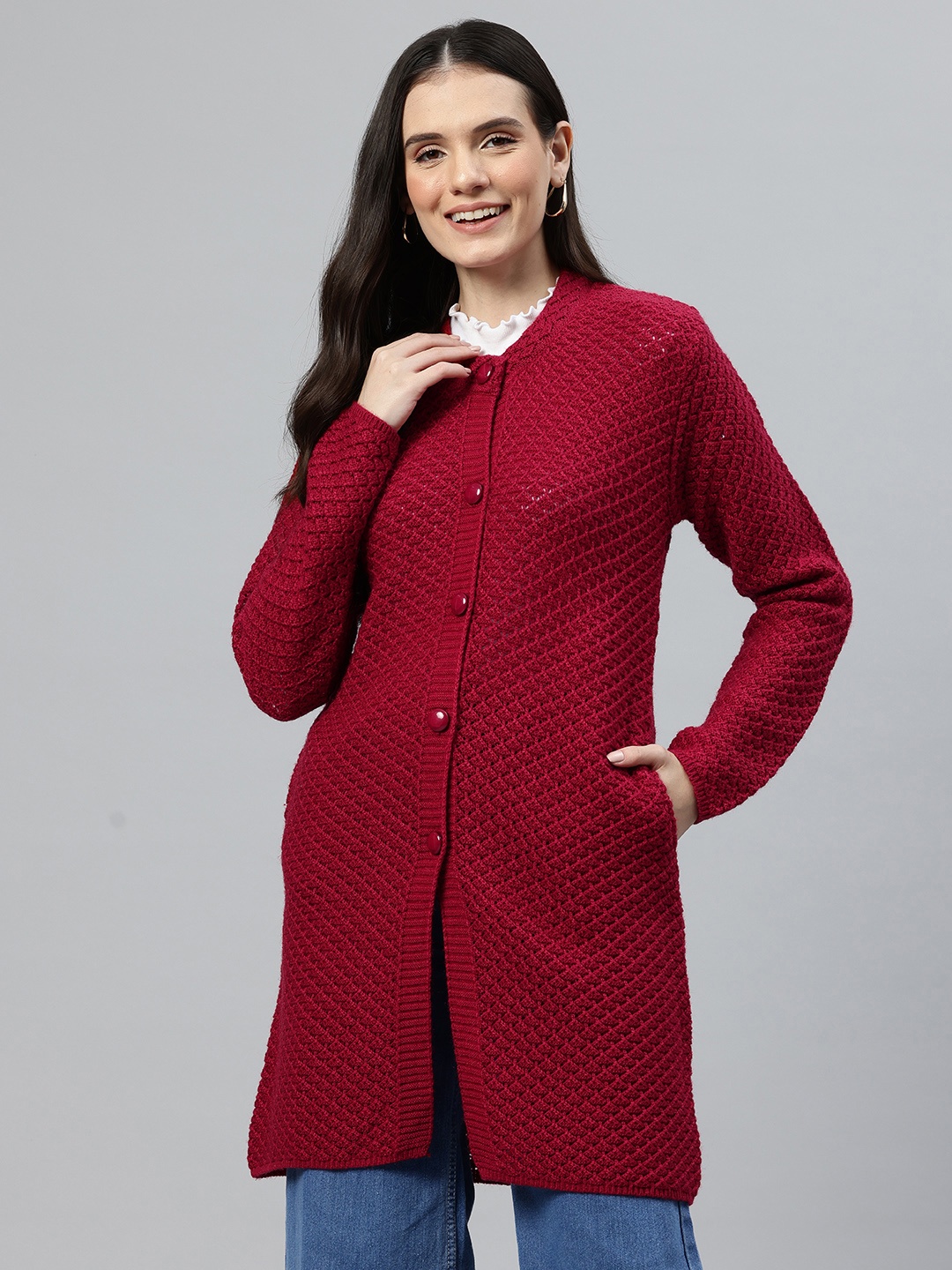 

One Femme Self Design Longline Sweater, Maroon