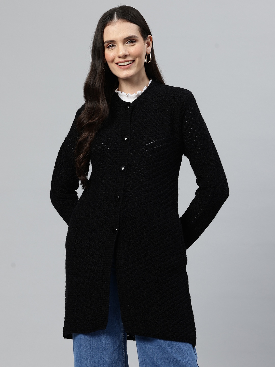 

One Femme Self Design Longline Sweater, Black