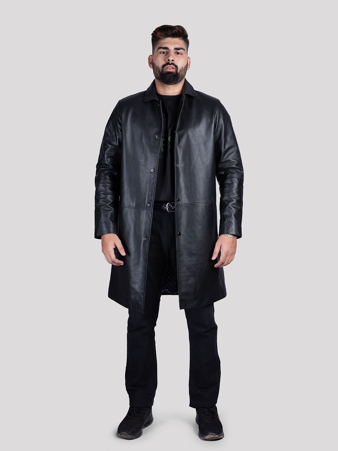 

HUE & HIDE Men Genuine Longline Leather Jacket, Black