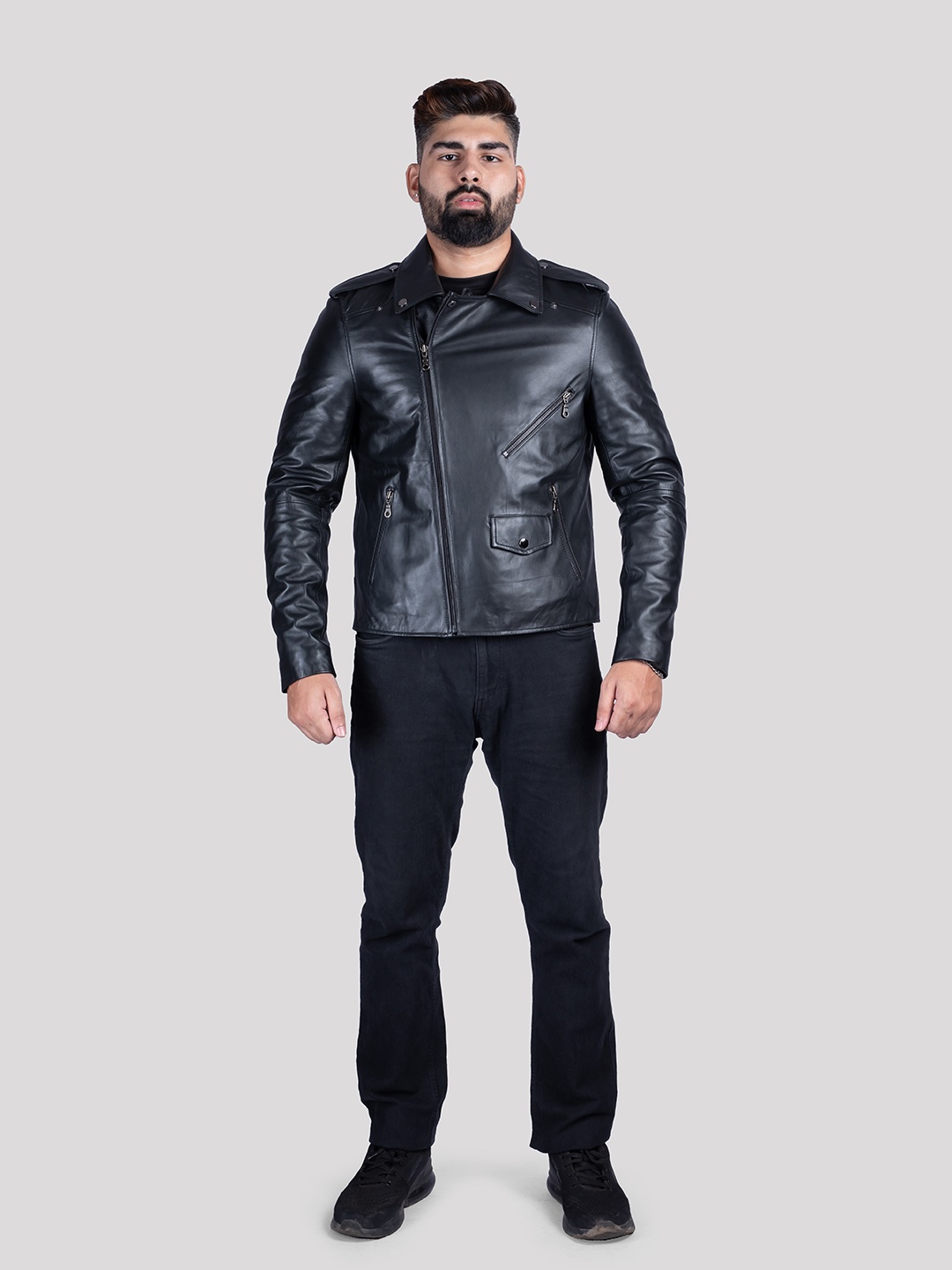 

HUE & HIDE Genuine Leather Biker Jacket, Black