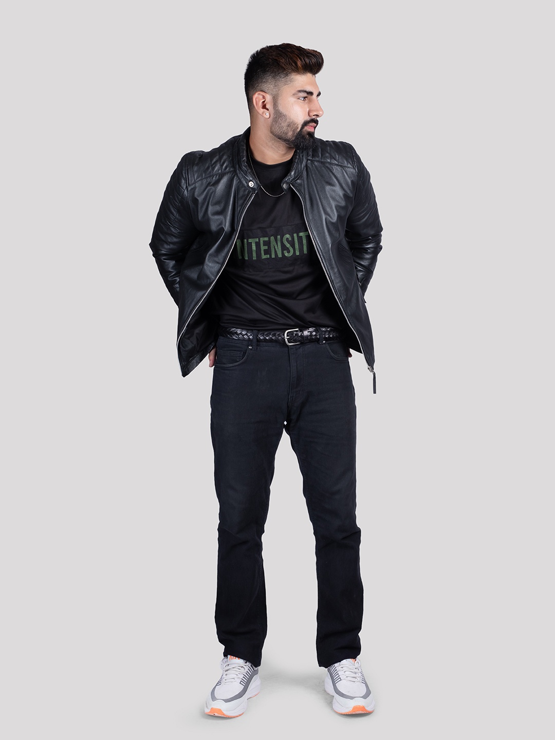 

HUE & HIDE Men Stand Collar Genuine Leather Longline Biker Jacket, Black