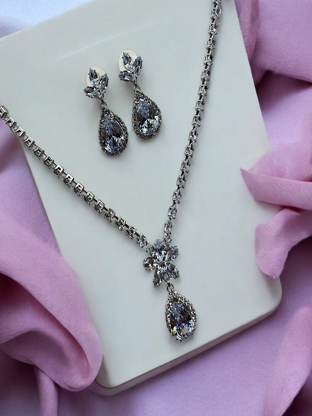 

AccessHer Sterling Silver Silver Plated Stone Studded Jewellery Set