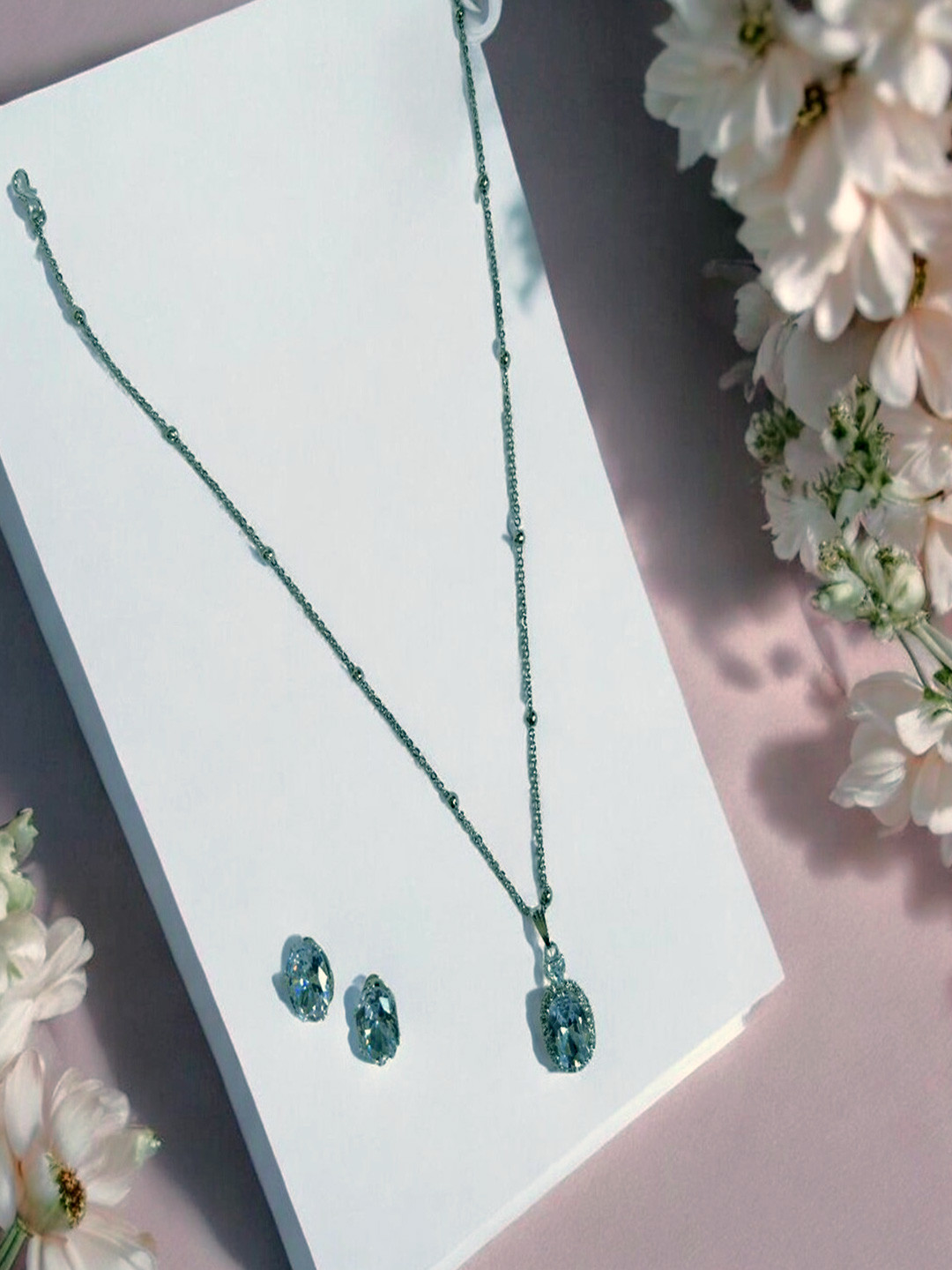

AccessHer Sterling Silver Silver Plated Stone Studded Jewellery Set