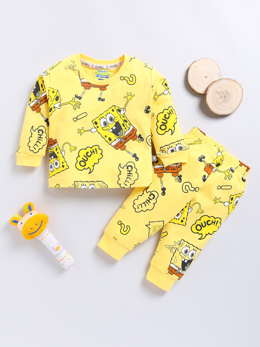 

YK X Tinyo Infant Boys Pure Cotton SpongeBob Printed T-shirt with Joggers, Yellow