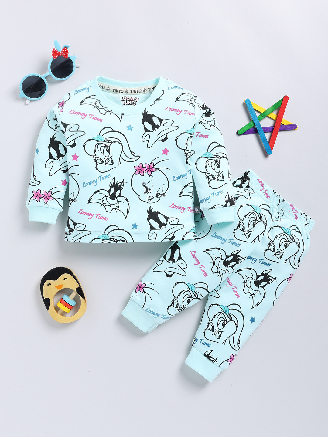 

YK X Tinyo Infant Girls Looney Tunes Printed Pure Cotton T-shirt with Joggers, Blue