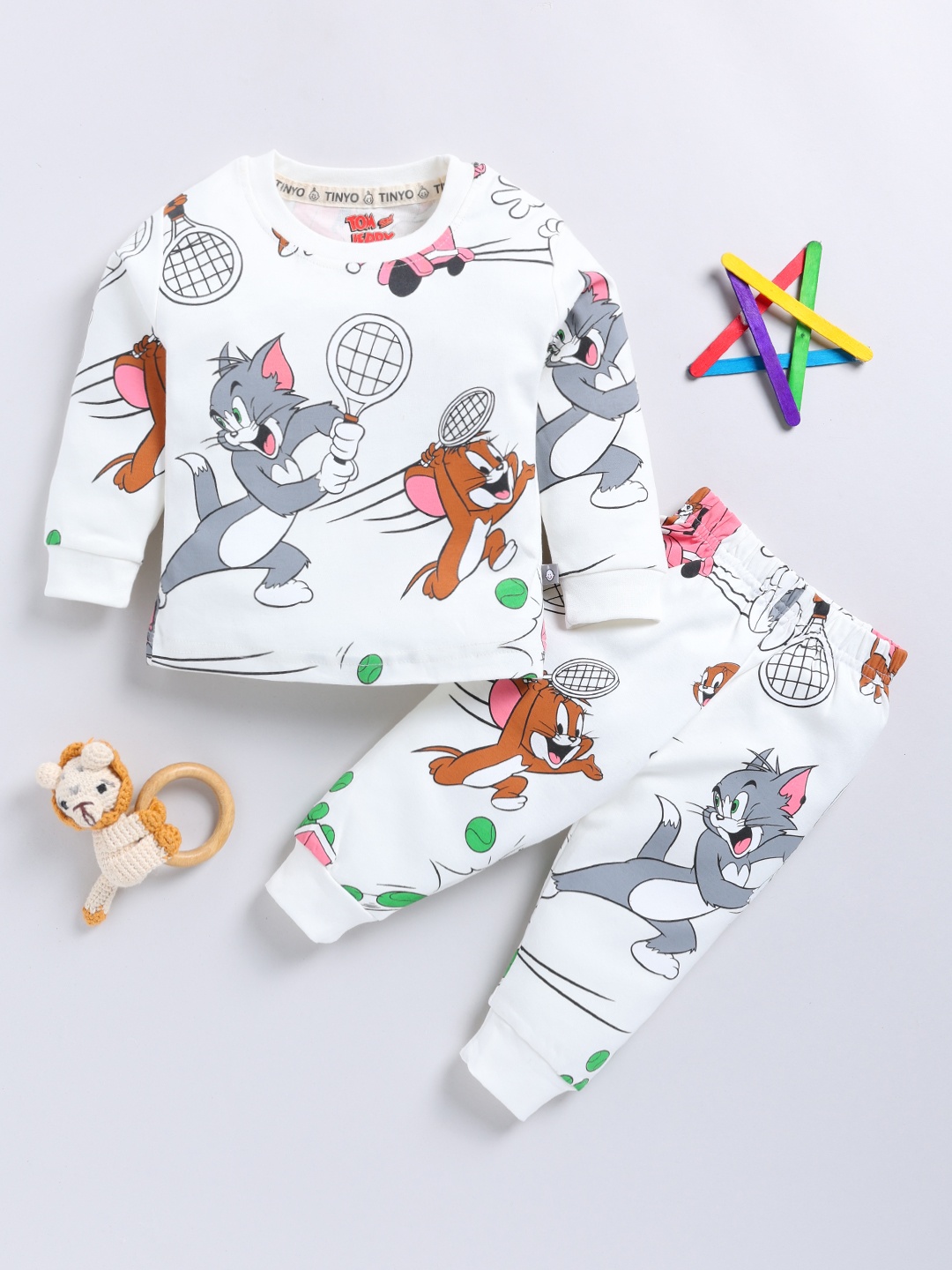 

YK X Tinyo Infant Boys Pure Cotton Tom & Jerry Printed T-shirt With Joggers, White