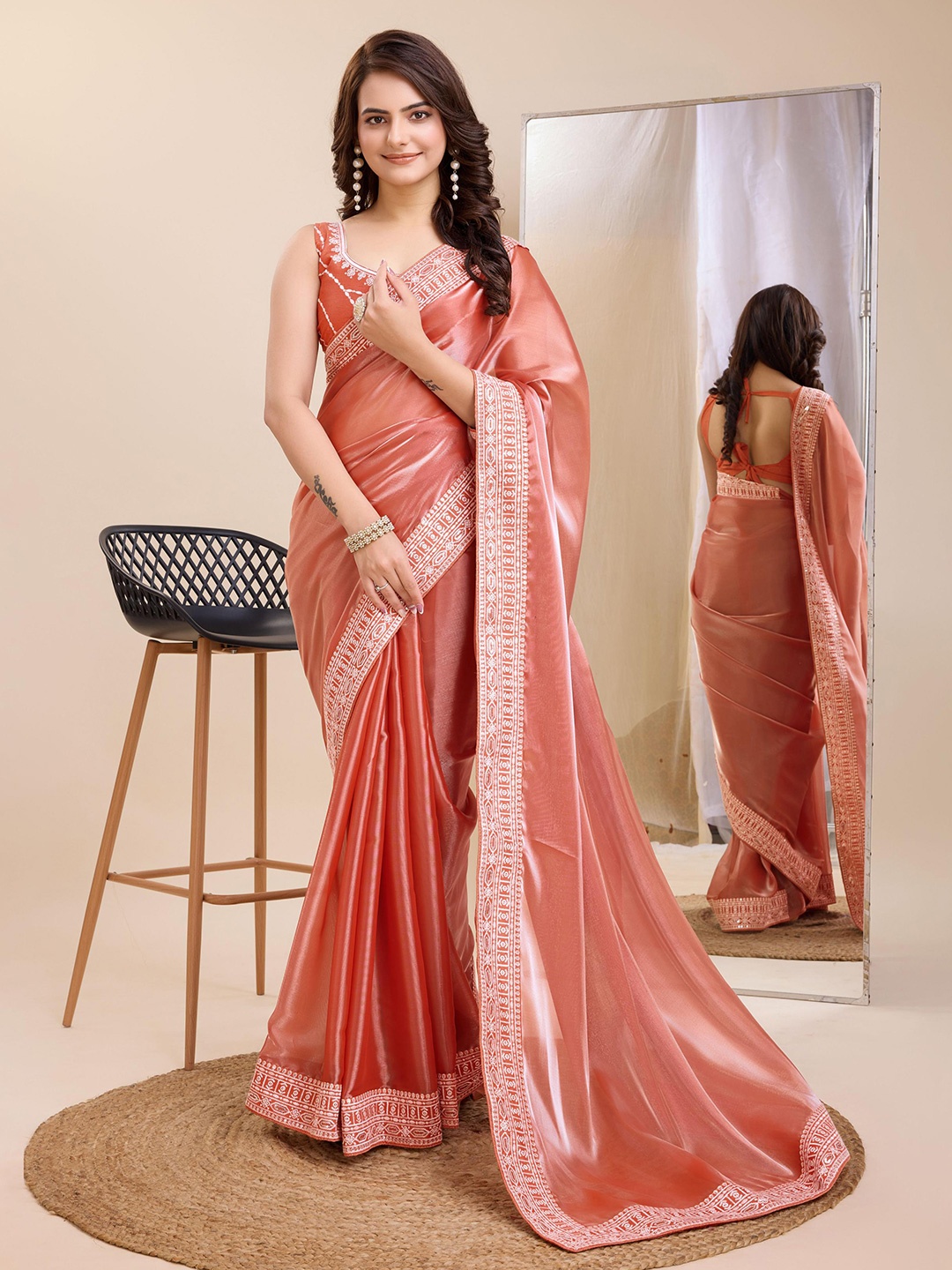 

VAIRAGEE Embroidered Ready to Wear Saree, Peach