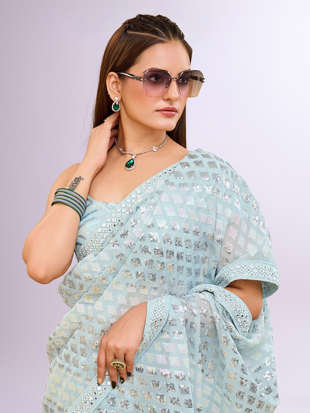 

VAIRAGEE Ethnic Motifs Sequinned Ready to Wear Saree, Blue
