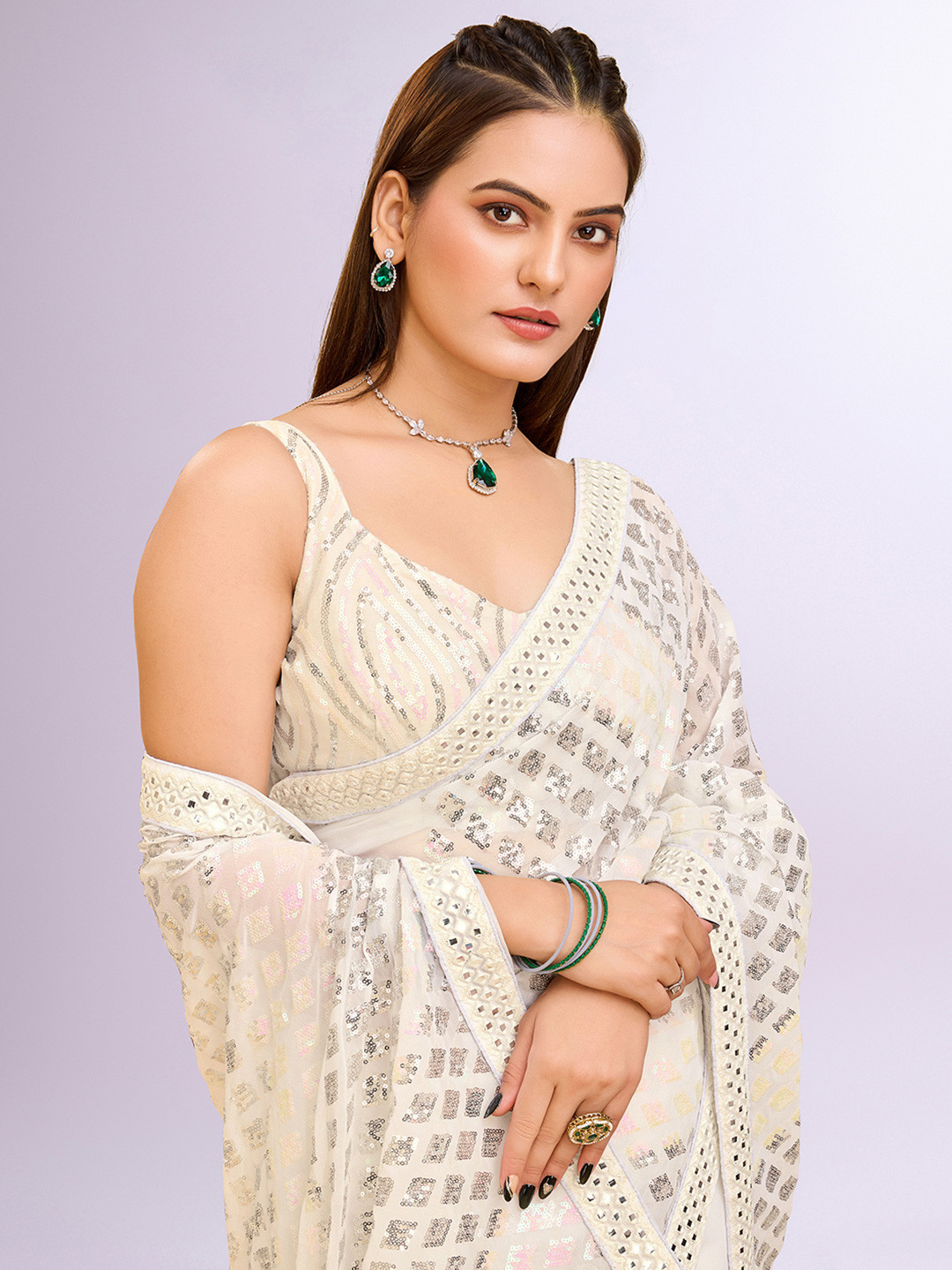 

VAIRAGEE Embellished Sequinned Mirror Work Ready to Wear Saree, White