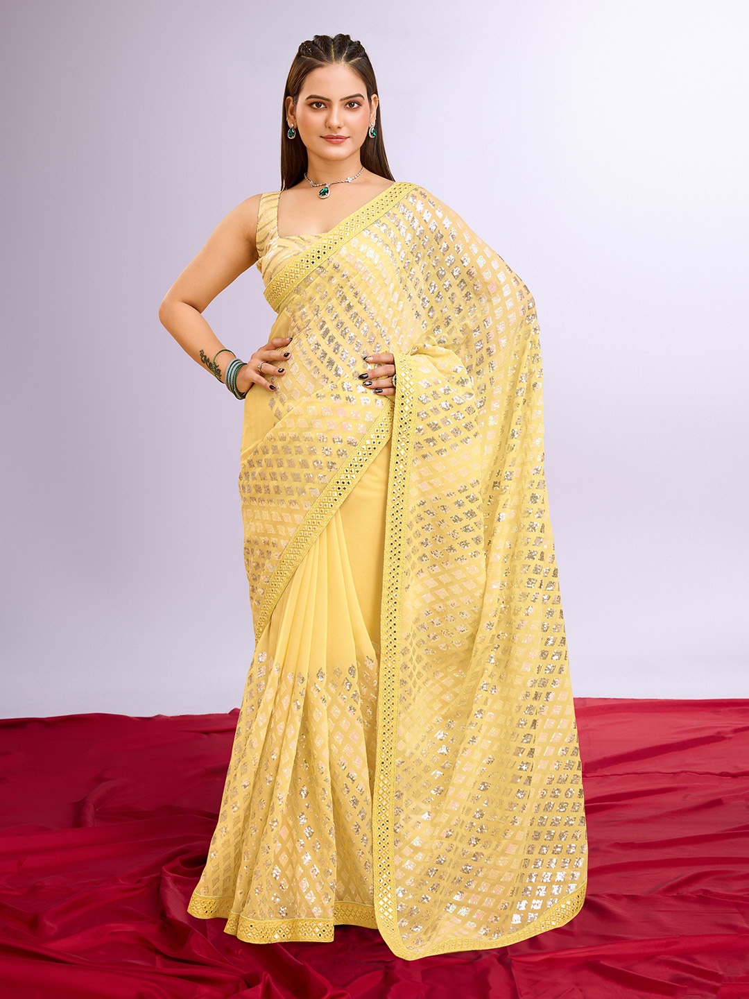 

VAIRAGEE Embellished Sequinned Ready to Wear Saree, Yellow