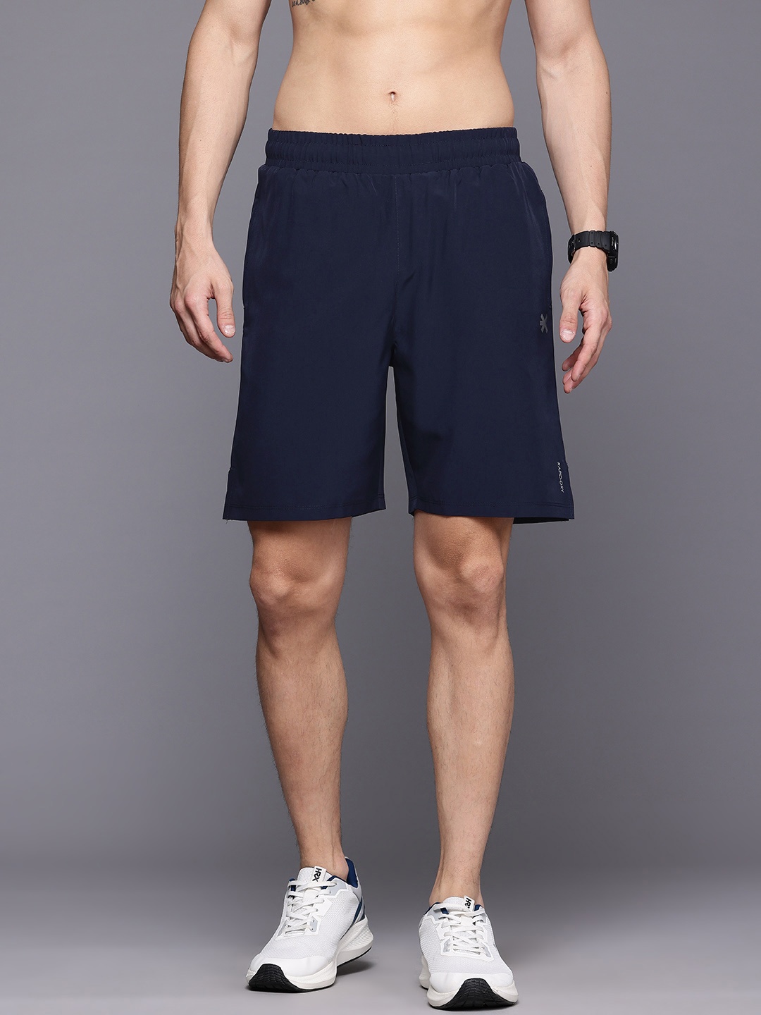 HRX by Hrithik Roshan Men Typography Training Shorts, Navy blue