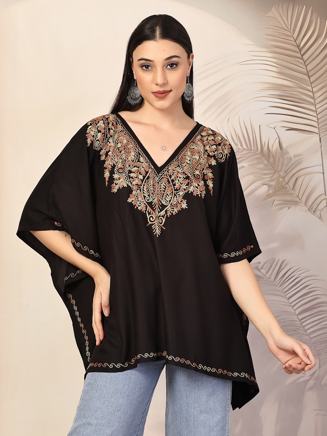 

QAZMI Ethnic Motifs Embroidered V-Neck Flared Sleeves Kaftan Kurti, Black