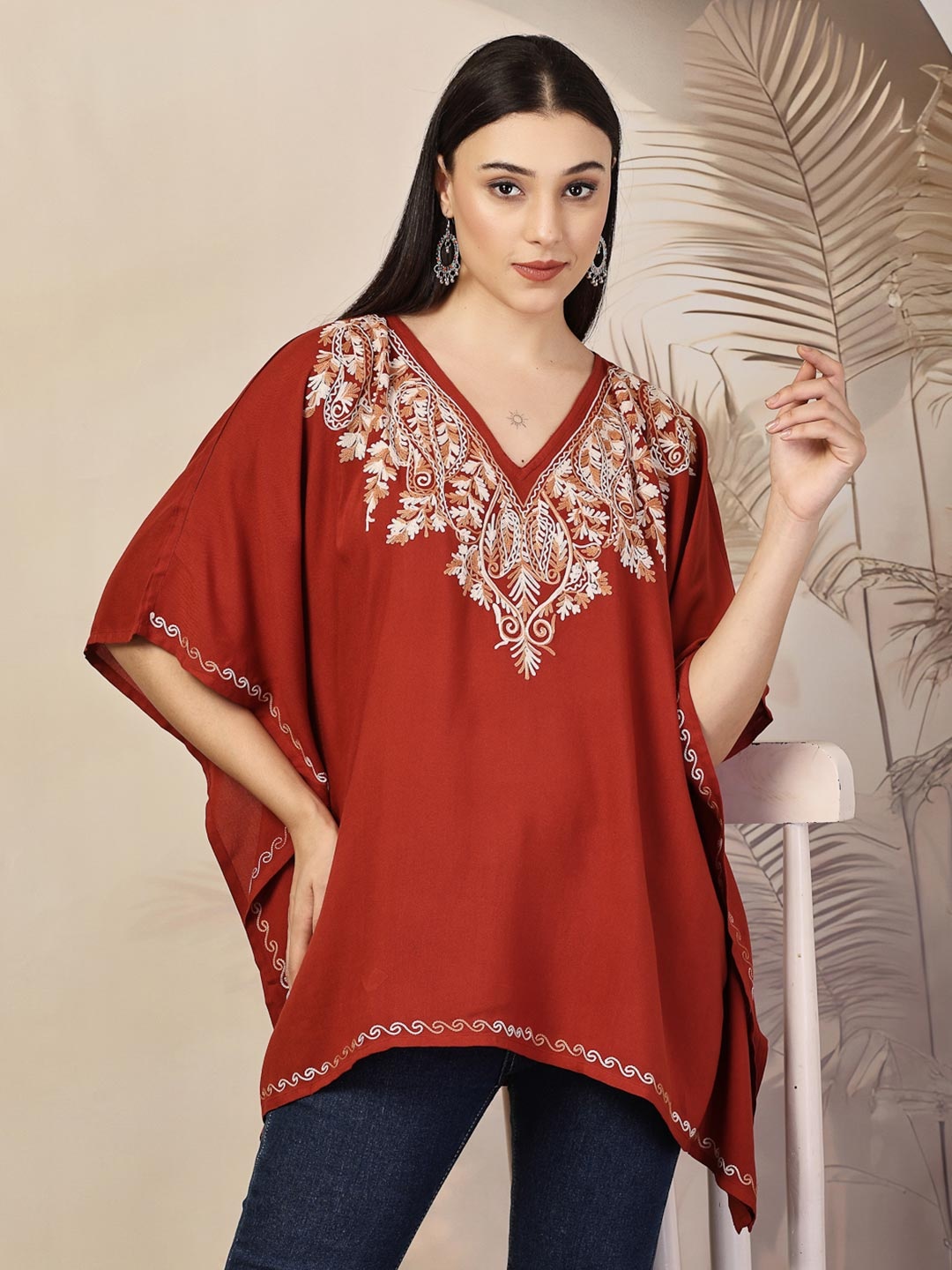 

QAZMI Women Ethnic Motifs Embroidered V-Neck Flared Sleeves Kaftan Kurti, Orange