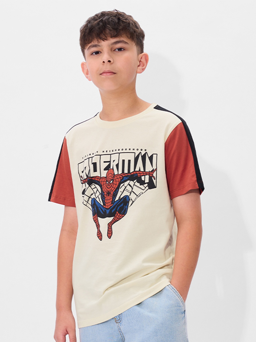 

The Souled Store Boys Spider-Man Graphic Printed Round Neck Cotton T-shirt, Beige