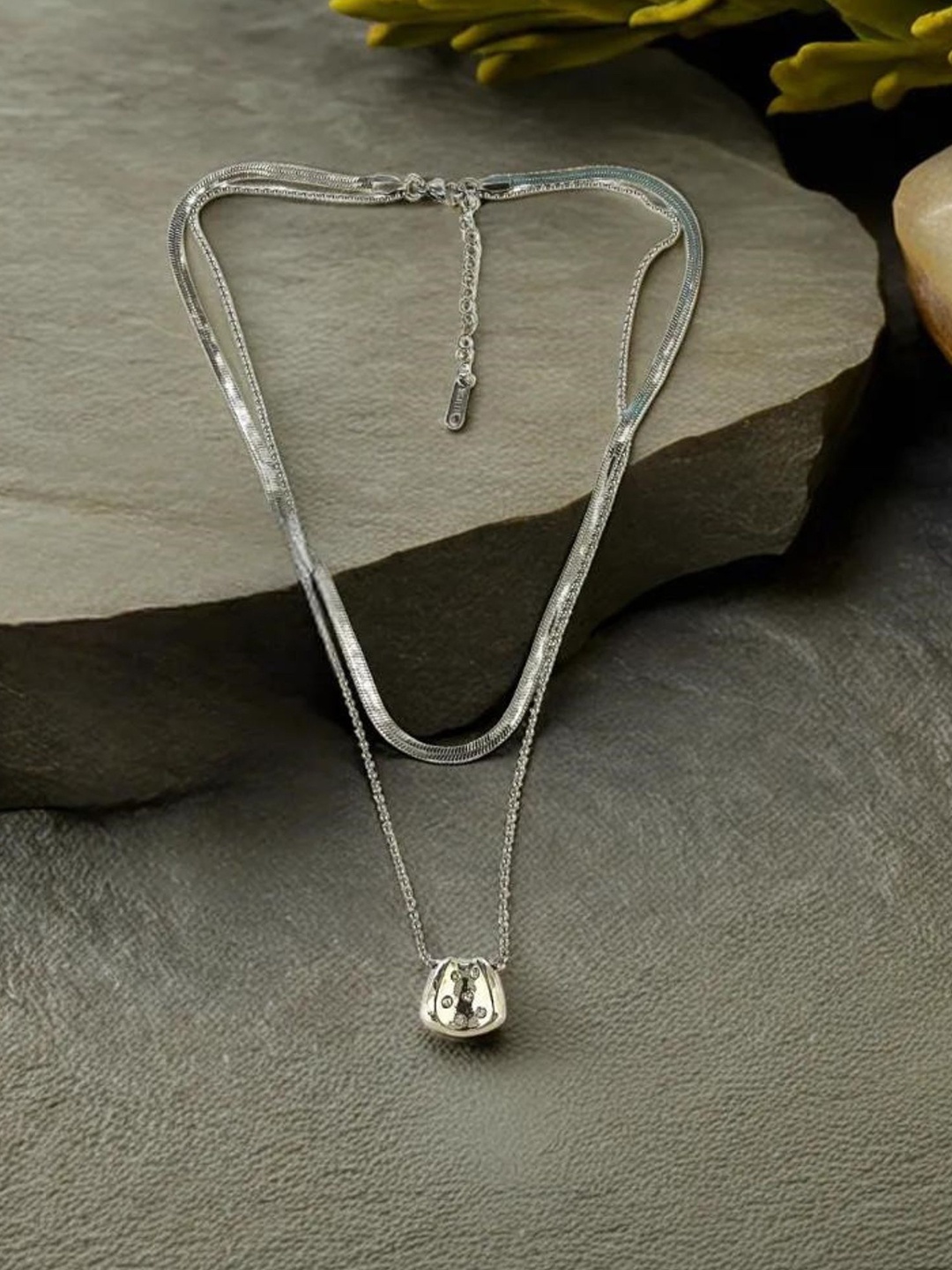 

MANSIYAORANGE Stainless Steel Rhodium-Plated Stones Studded Pendant With Chain, Silver