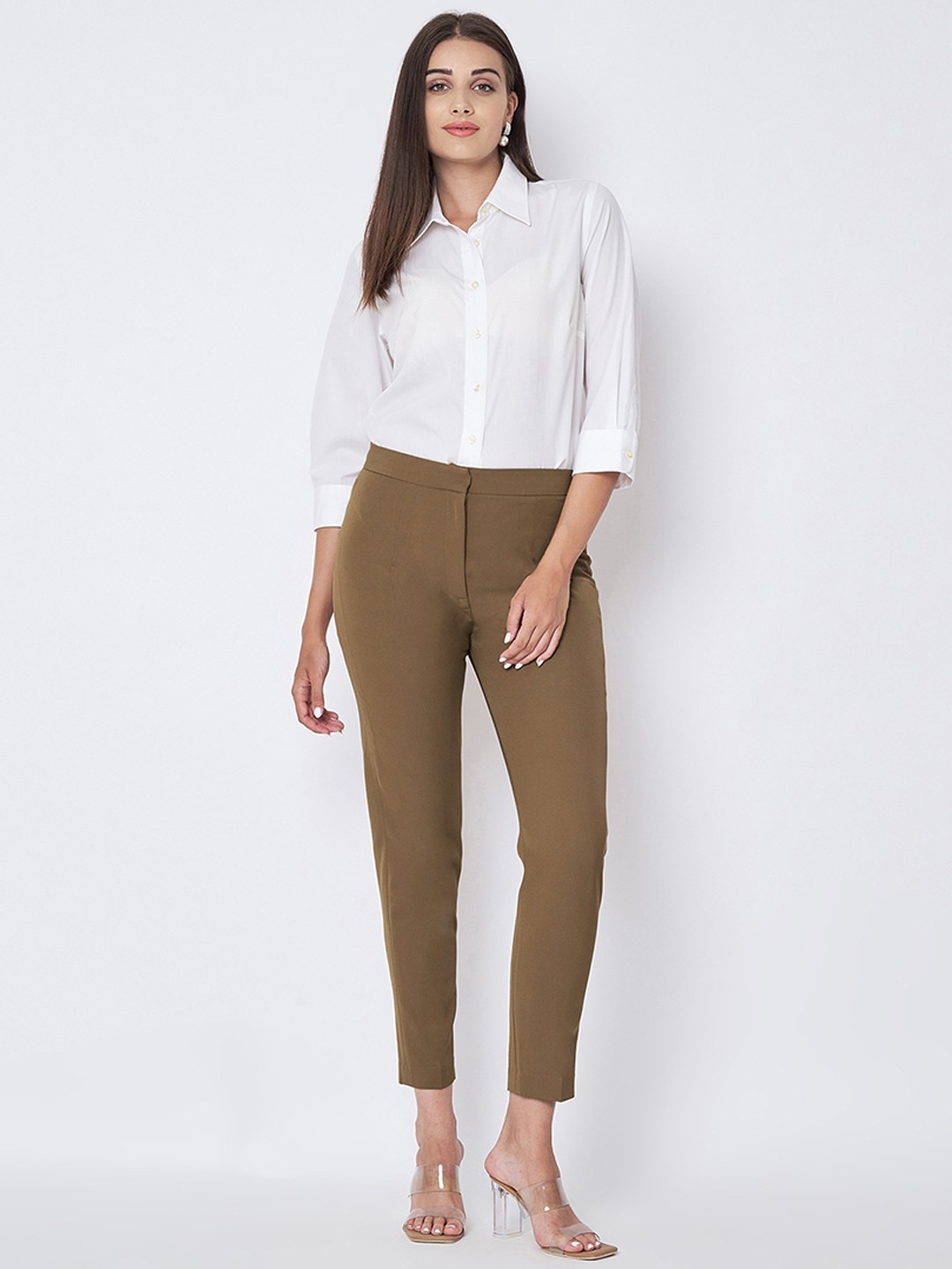 

First Resort by Ramola Bachchan Women Slim Fit High-Rise Regular Trousers, Khaki