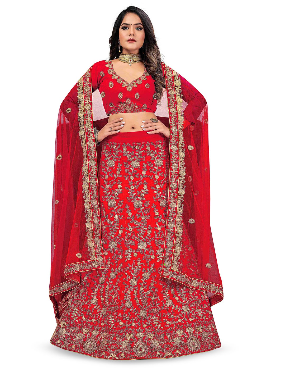 

Maroosh Embellished Thread Work Unstitched Lehenga & Blouse With Dupatta, Red