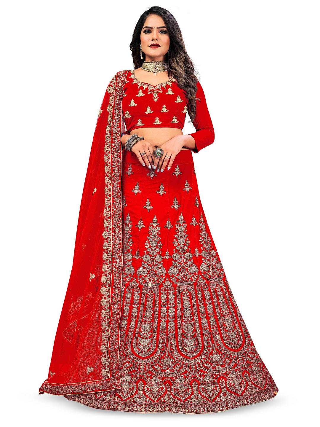

Maroosh Embellished Thread Work Unstitched Lehenga & Blouse With Dupatta, Red