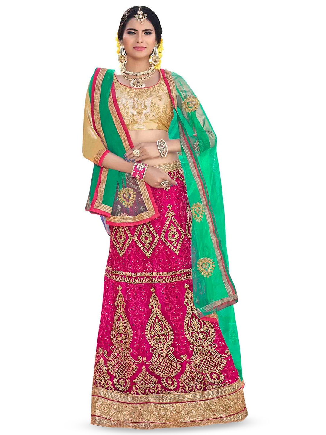 

Maroosh Women Embroidered Thread Work Unstitched Lehenga & Blouse With Dupatta, Pink