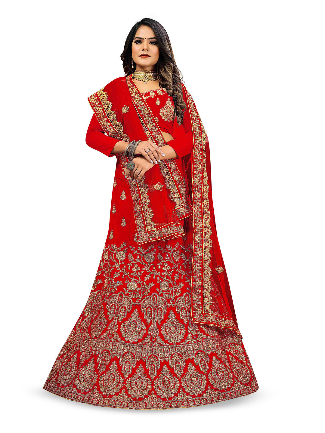 

Maroosh Embellished Thread Work Unstitched Lehenga & Blouse With Dupatta, Red