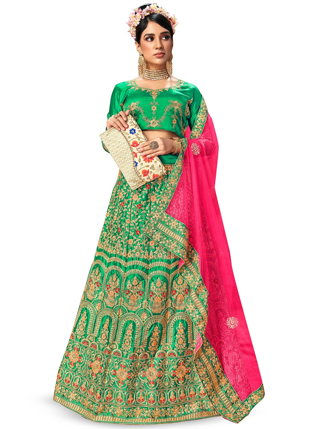 

Maroosh Women Embroidered Thread Work Unstitched Lehenga & Blouse With Dupatta, Green