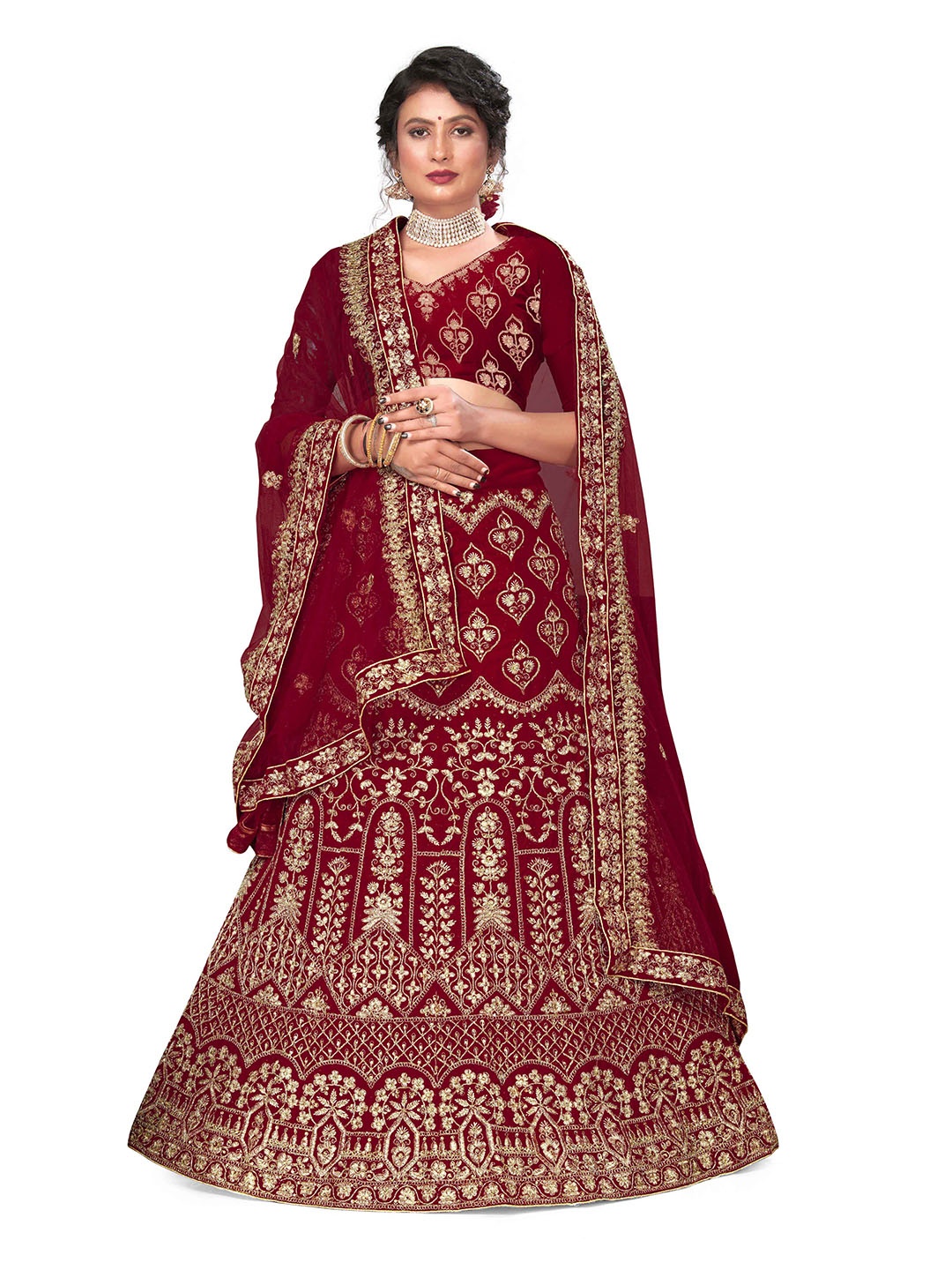 

Maroosh Embellished Thread Work Unstitched Lehenga & Blouse With Dupatta, Maroon