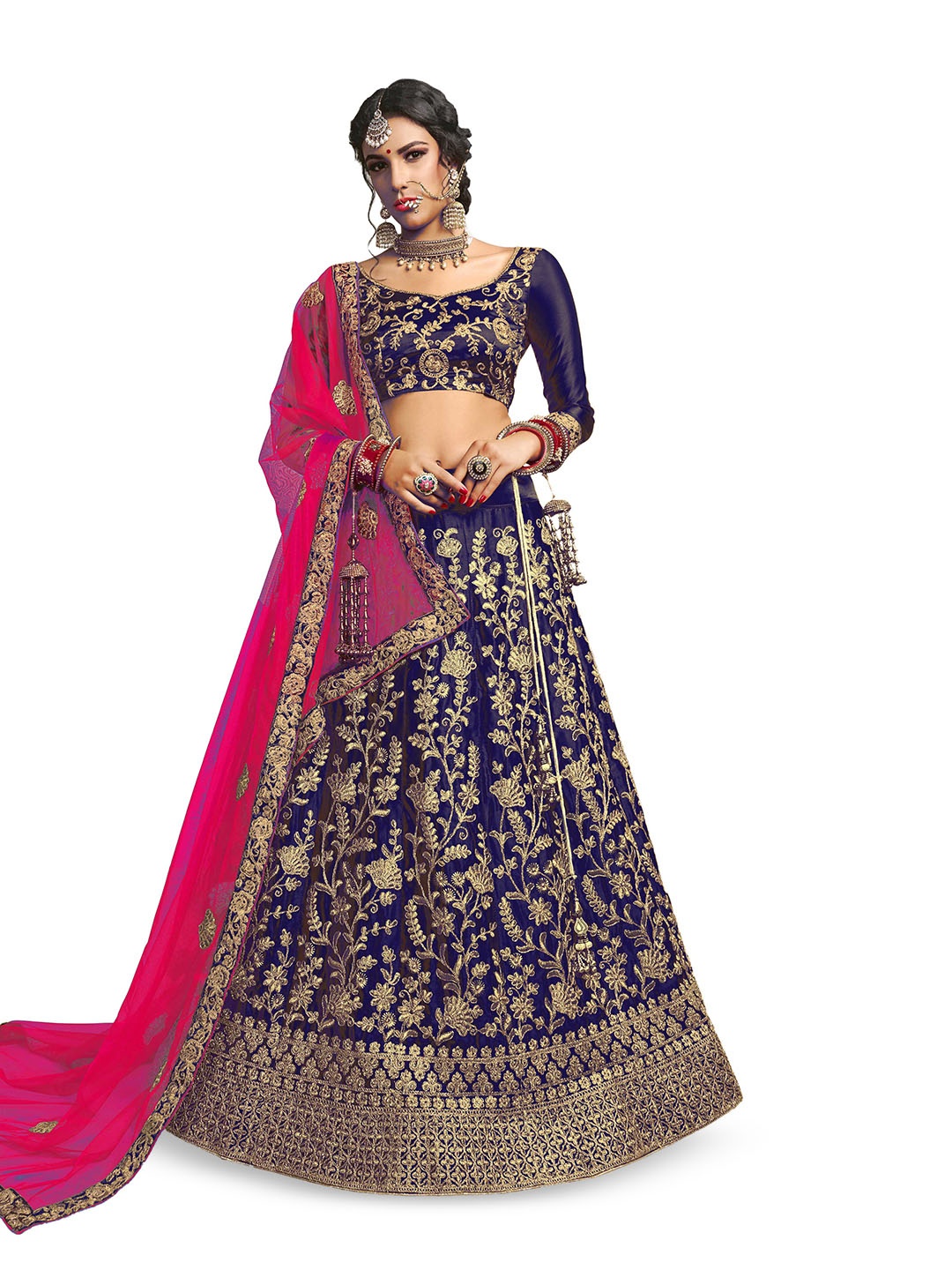 

Maroosh Women Embroidered Thread Work Unstitched Lehenga & Blouse With Dupatta, Blue