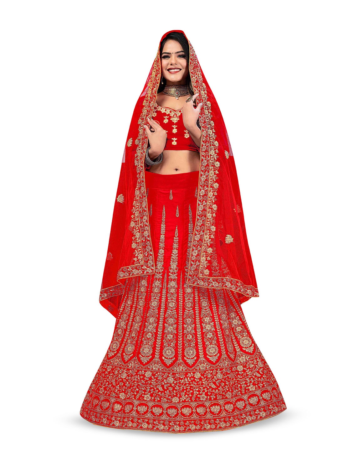 

Maroosh Embellished Thread Work Unstitched Lehenga & Blouse With Dupatta, Red