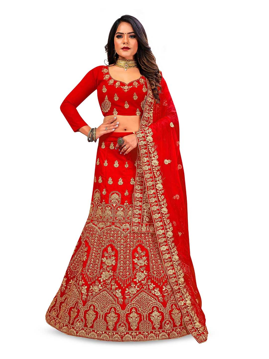 

Maroosh Embellished Thread Work Unstitched Lehenga & Blouse With Dupatta, Red