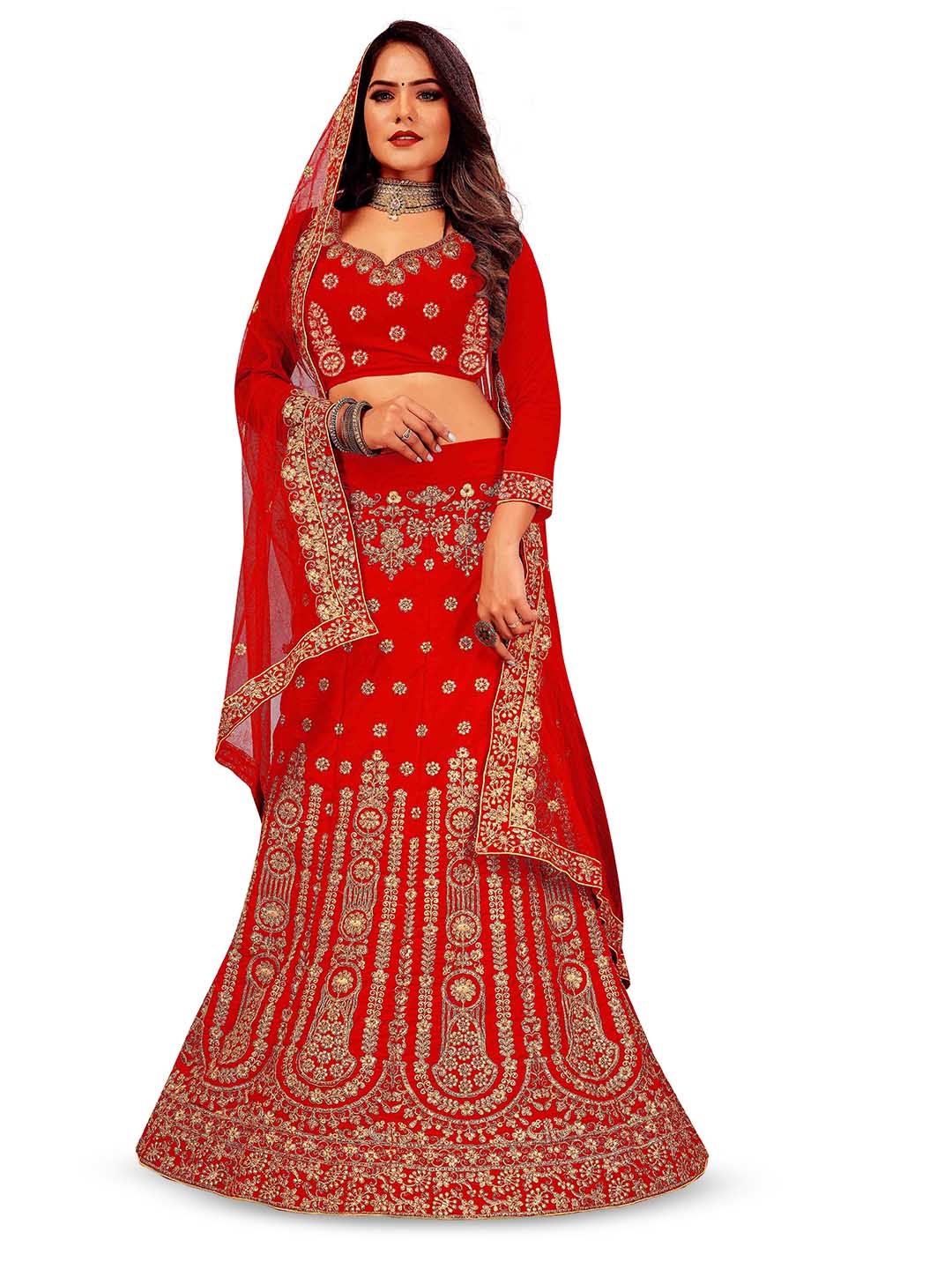 

Maroosh Women Embellished Thread Work Unstitched Lehenga & Blouse With Dupatta, Red