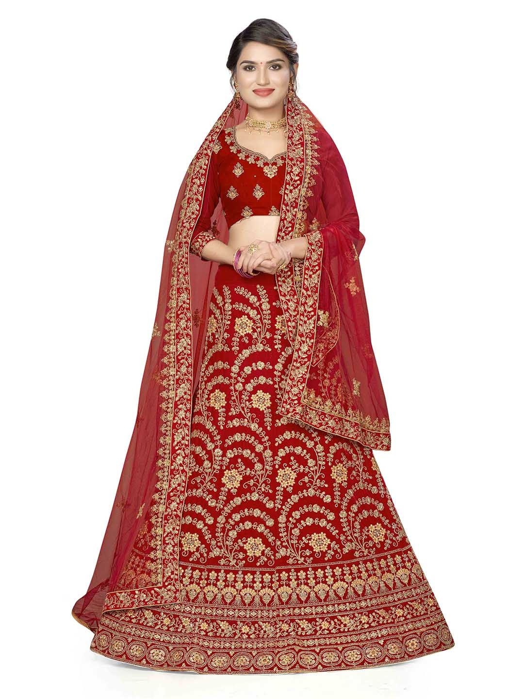 

Maroosh Embroidered Thread Work Unstitched Lehenga & Blouse With Dupatta, Red