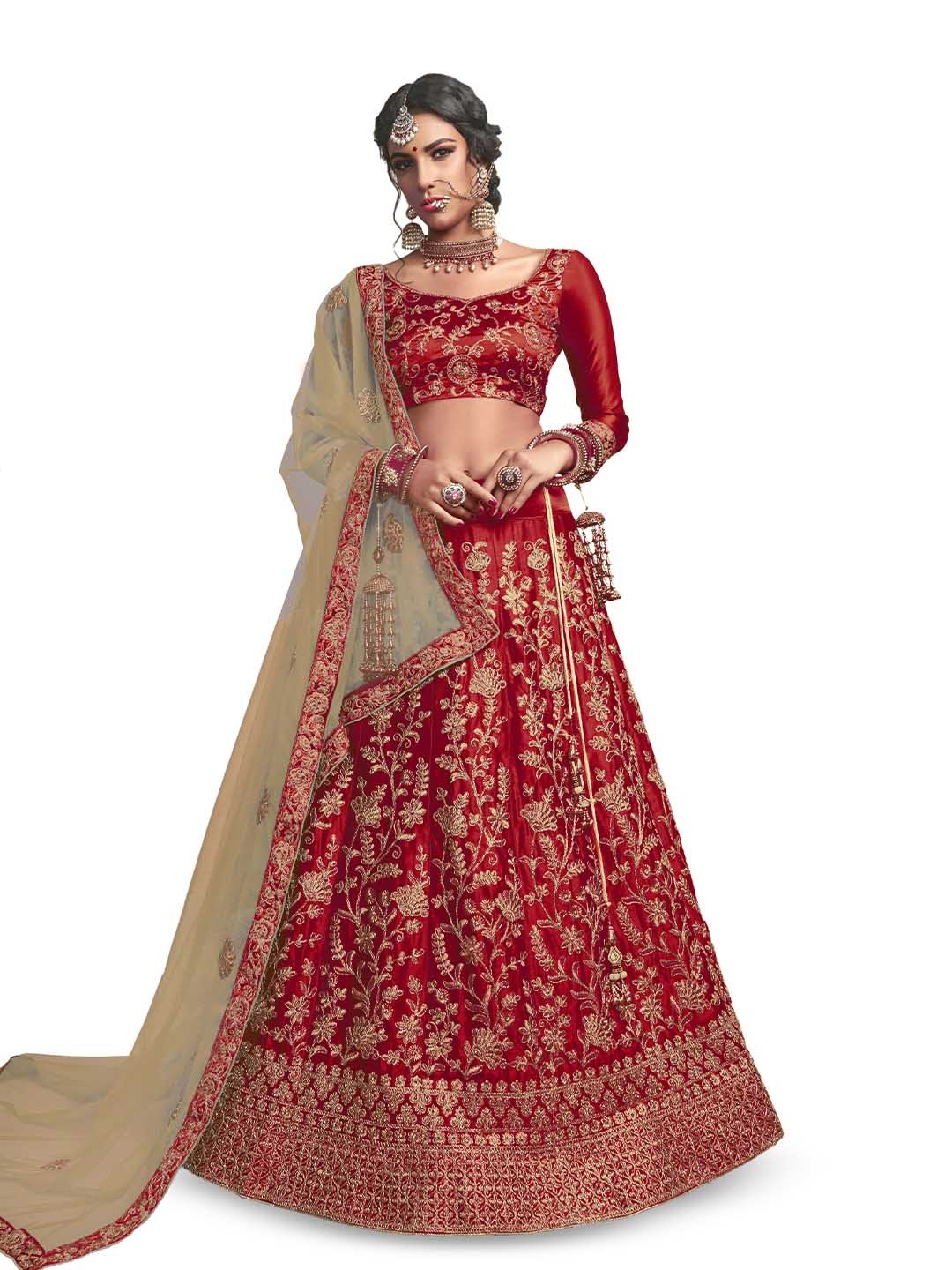 

Maroosh Embroidered Thread Work Unstitched Lehenga & Blouse With Dupatta, Maroon