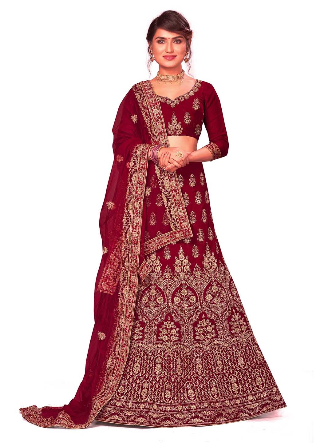 

Maroosh Women Embroidered Thread Work Unstitched Lehenga & Blouse With Dupatta, Maroon