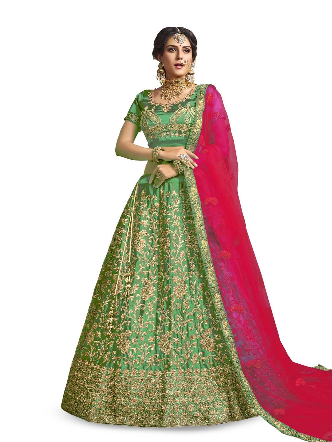 

Maroosh Women Embroidered Thread Work Unstitched Lehenga & Blouse With Dupatta, Green