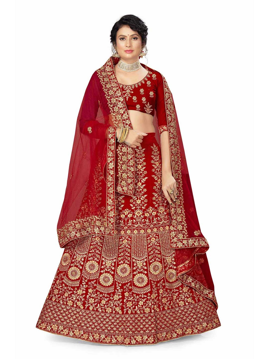 

Maroosh Women Embellished Thread Work Unstitched Lehenga & Blouse With Dupatta, Red