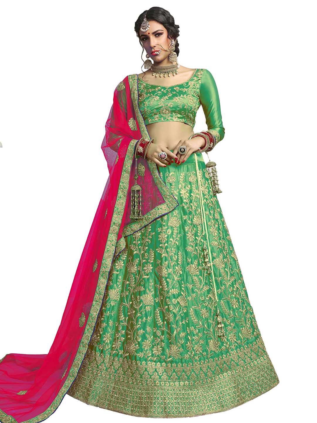 

Maroosh Embroidered Thread Work Unstitched Lehenga & Blouse With Dupatta, Green