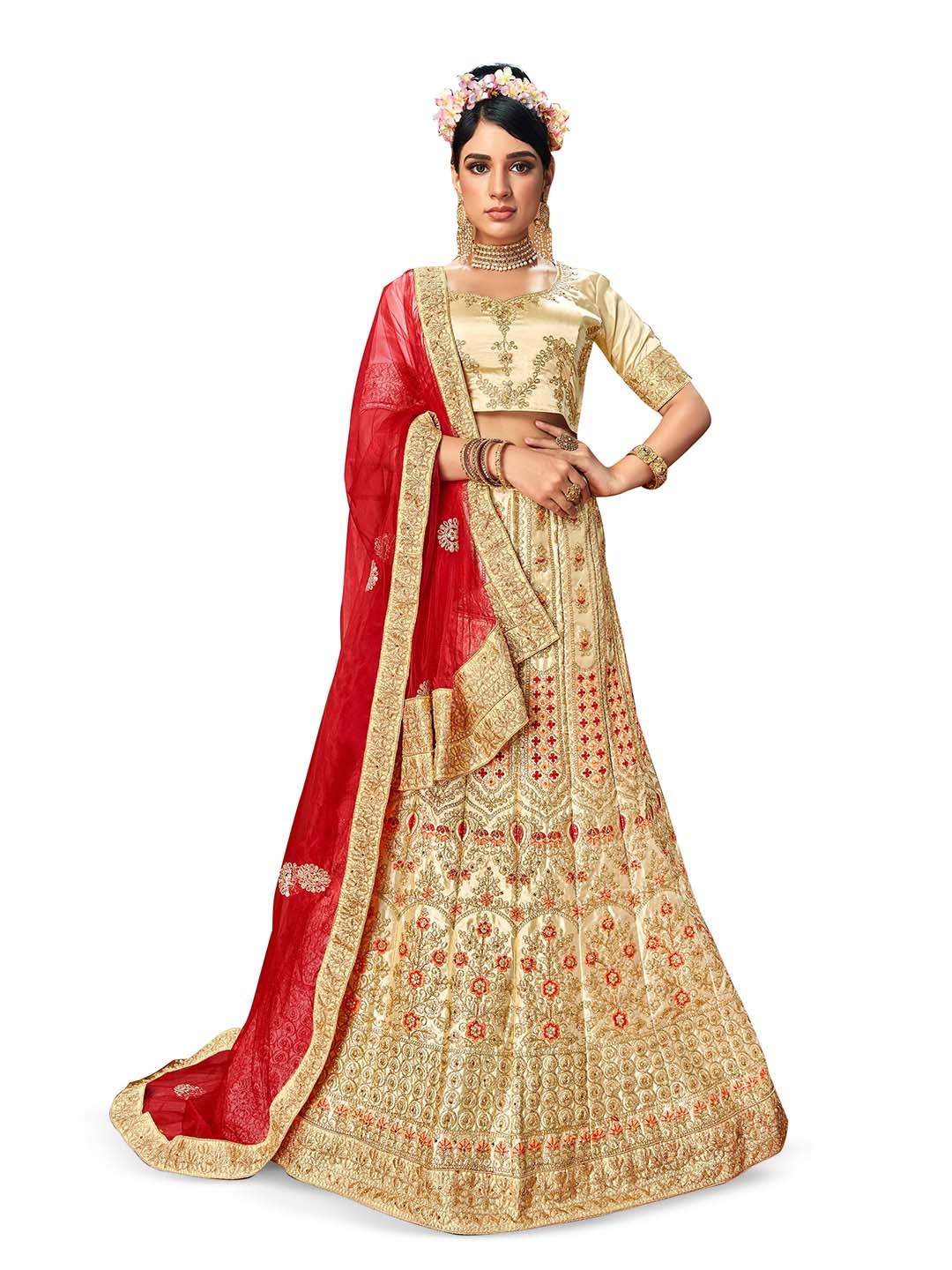 

Maroosh Embroidered Thread Work Unstitched Lehenga & Blouse With Dupatta, Beige