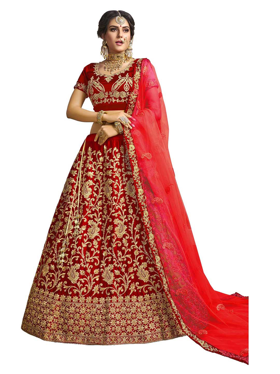 

Maroosh Women Embroidered Thread Work Unstitched Lehenga & Blouse With Dupatta, Red