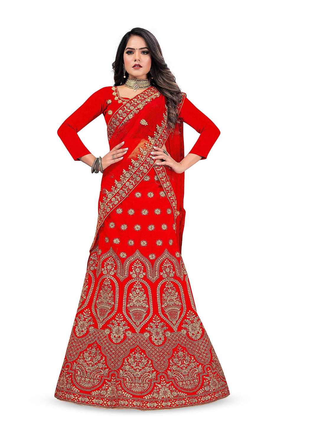 

Maroosh Embellished Thread Work Unstitched Lehenga & Blouse With Dupatta, Red