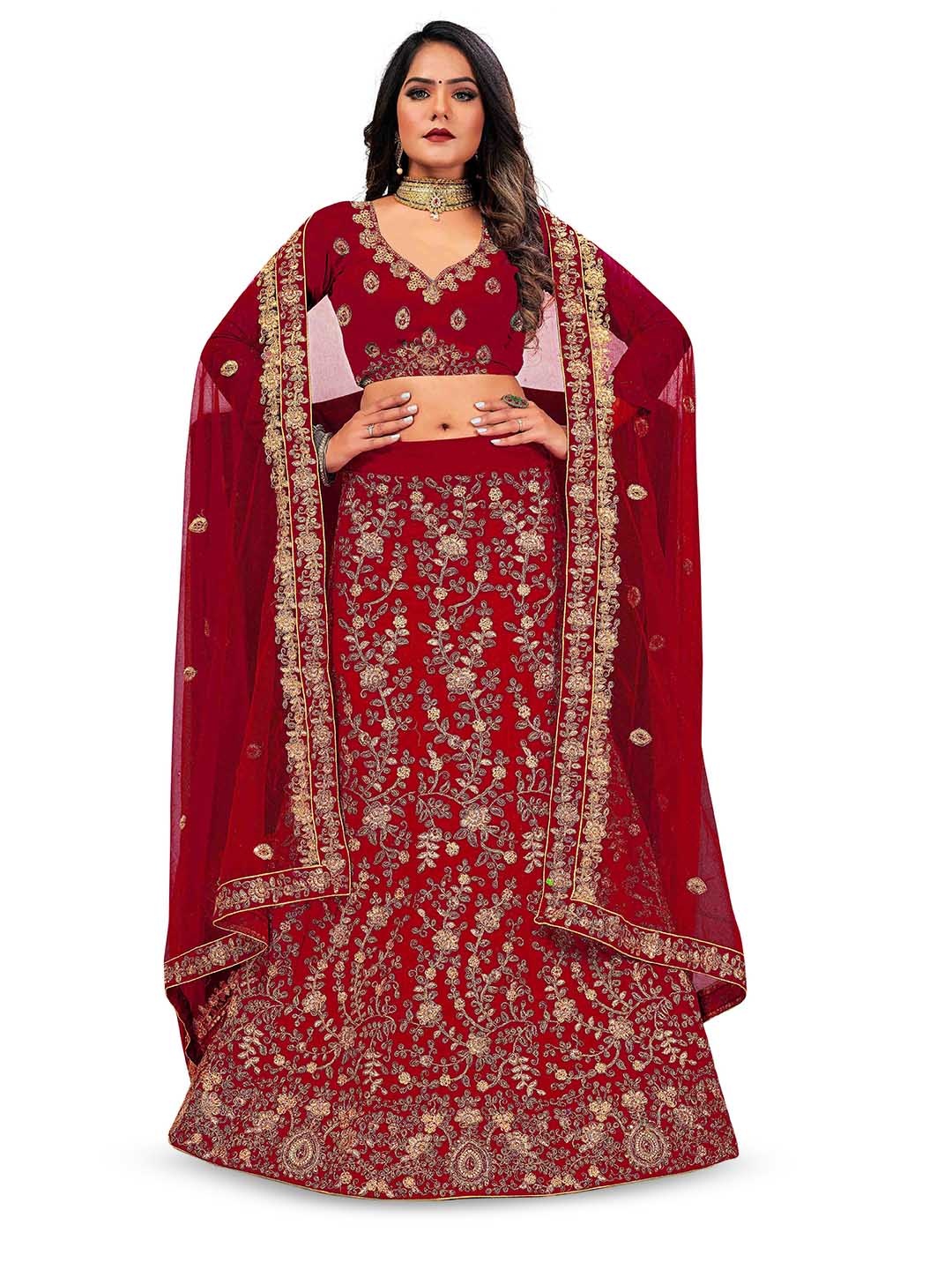 

Maroosh Embellished Thread Work Unstitched Lehenga & Blouse With Dupatta, Maroon