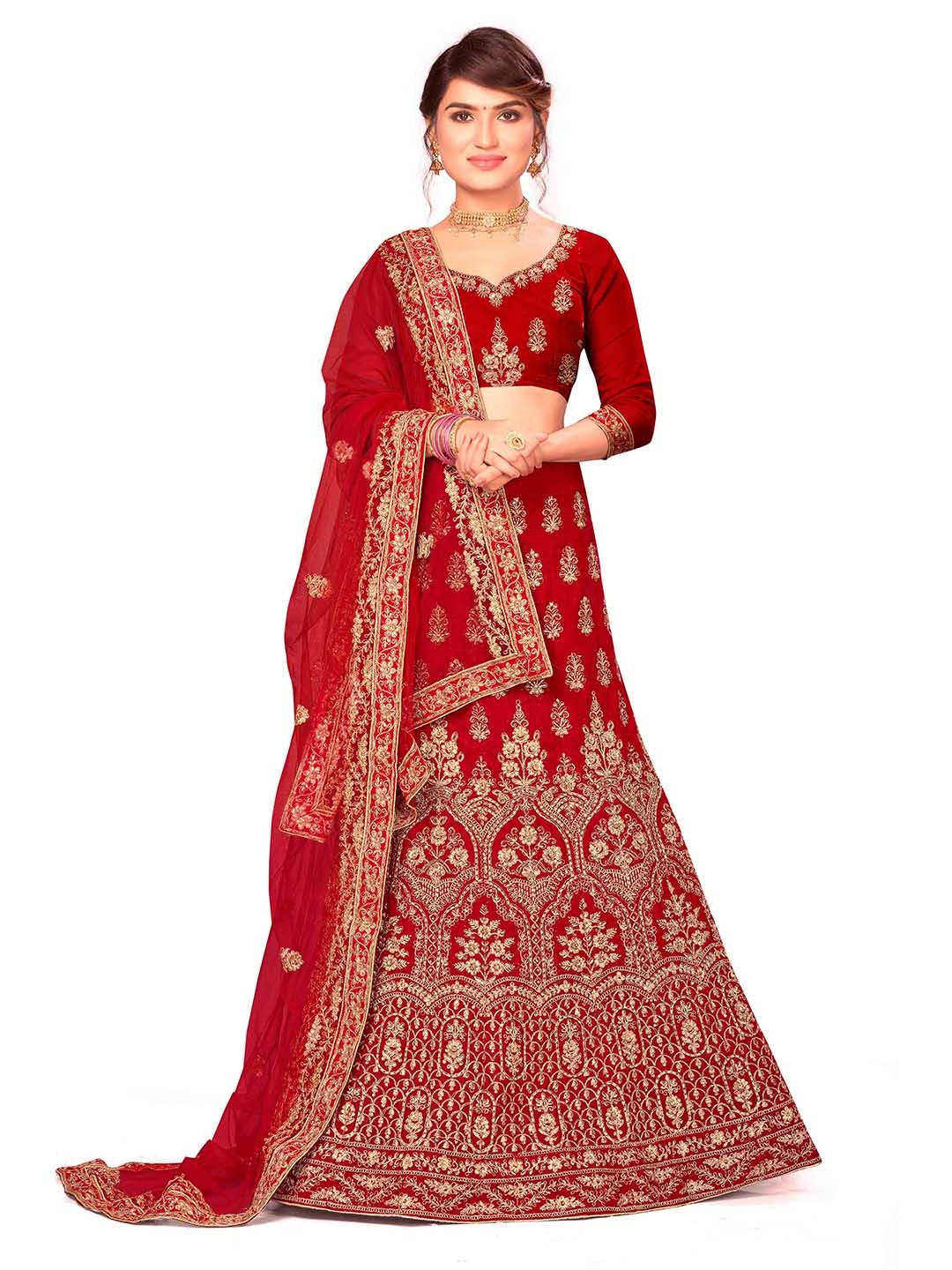 

Maroosh Embroidered Thread Work Unstitched Lehenga & Blouse With Dupatta, Red