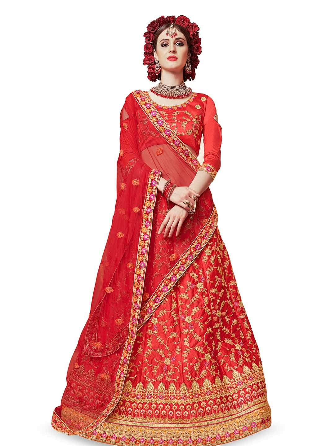

Maroosh Embroidered Thread Work Unstitched Lehenga & Blouse With Dupatta, Red