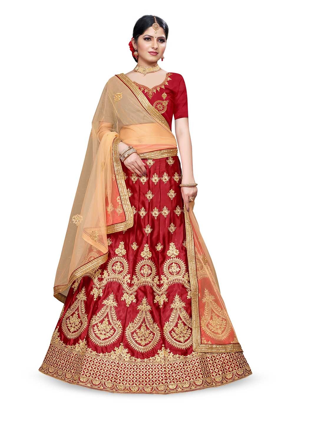 

Maroosh Embellished Thread Work Unstitched Lehenga & Blouse With Dupatta, Maroon