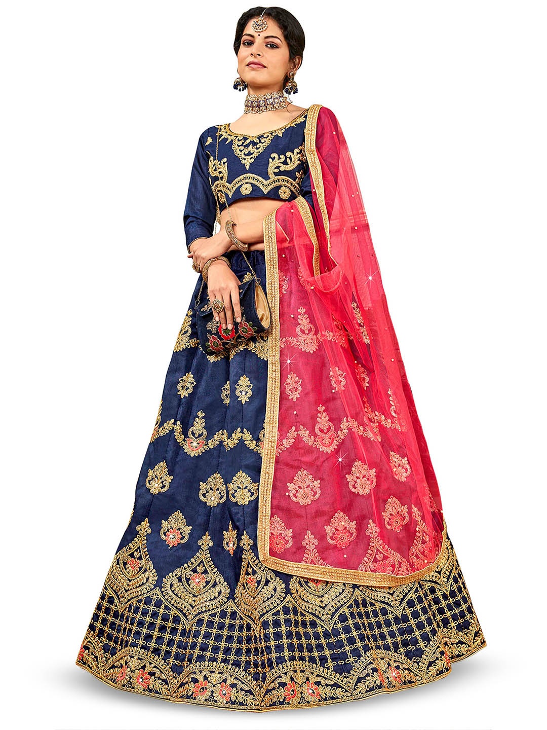 

Maroosh Embroidered Thread Work Unstitched Lehenga & Blouse With Dupatta, Blue