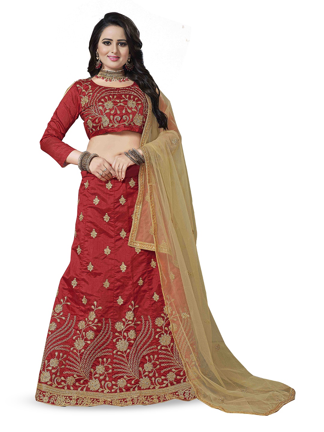 

Maroosh Embroidered Thread Work Unstitched Lehenga & Blouse With Dupatta, Red