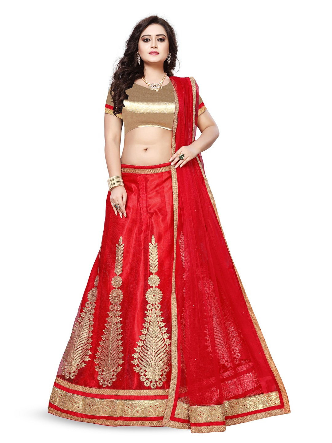 

Maroosh Embroidered Thread Work Unstitched Lehenga & Blouse With Dupatta, Red